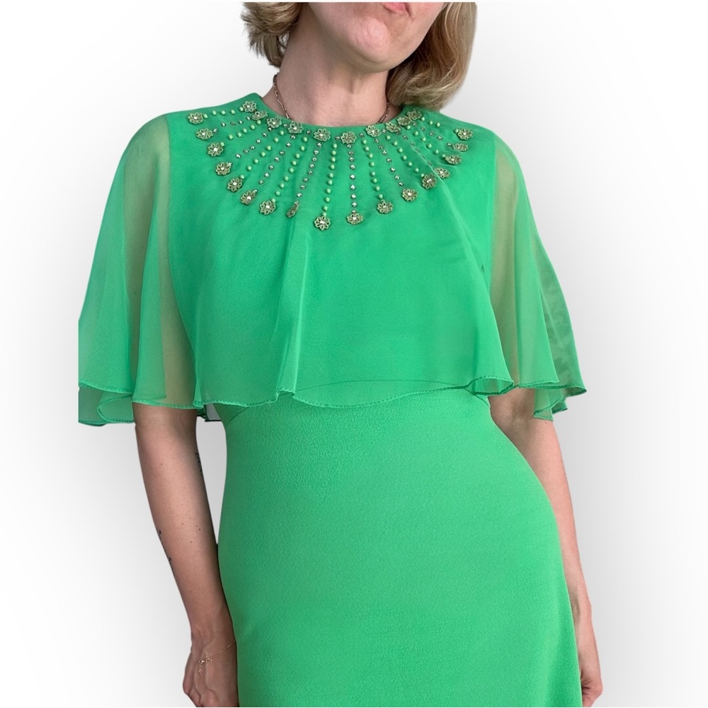 Vintage Green Cape Dress with Embellished Neckline